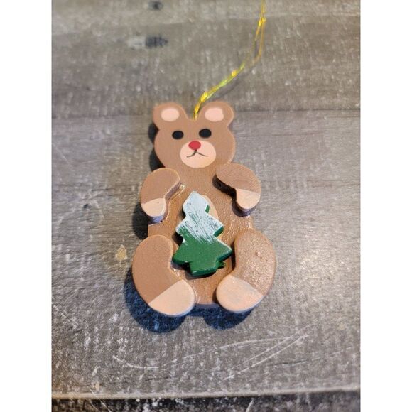 Wooden teddy bear pine tree ornament Xmas decor - Picture 2 of 4